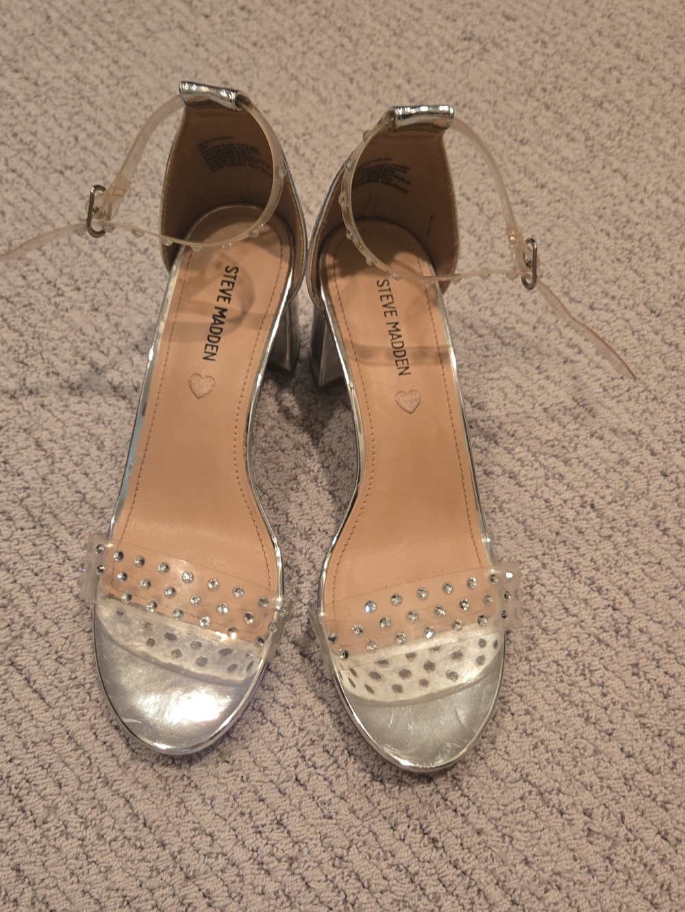 Steve Madden Silver Clear Studded Ankle-Strap Block Heels